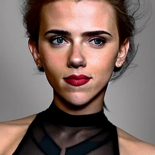 Image similar to a woman who is a genetic combination of scarlett johansson and emma watson face and upper - body focus