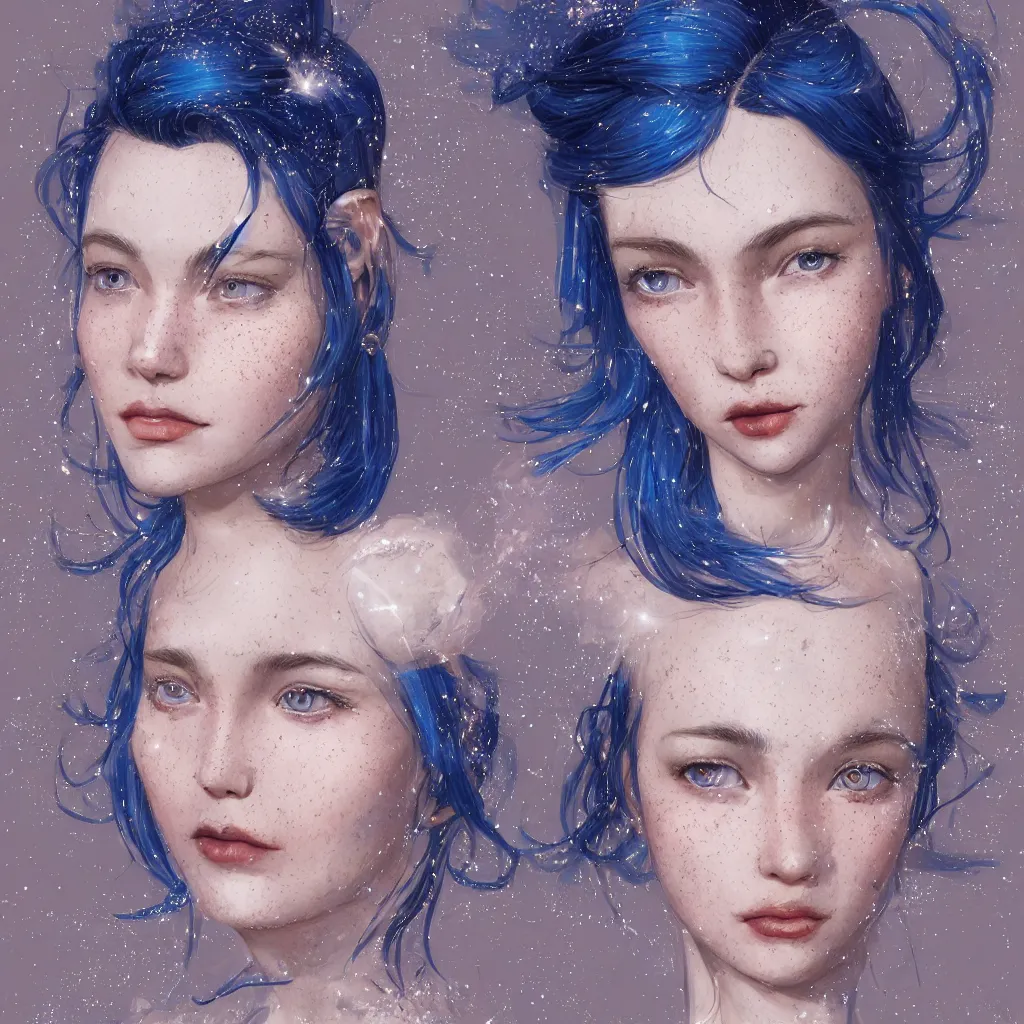 Prompt: an attractive girl with blue celestial hair and dark lipstick and freckles, wearing a sparkling dress, by kim jung gi, irakli nadar, ruan ji, carl larsson, symmetrical features, realistic human features, trending on artstation, highly detailed, cinematic lighting, character concept art, movie poster art, movie concept art