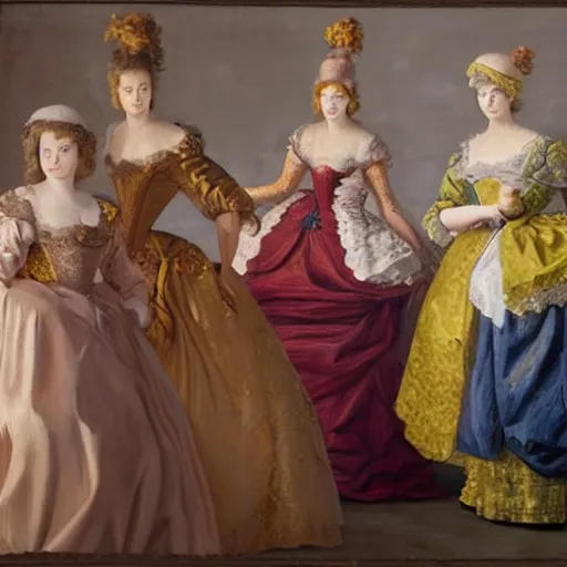 Prompt: fine art, oil on canvas. six women at the garden of the palace of versailles in france wearing fine clothes, no faces visibles. dark room with light coming through the right side. baroque style 1 6 5 6. high quality realistic recreation of illumination shadows and colors, no distortion on subject faces.