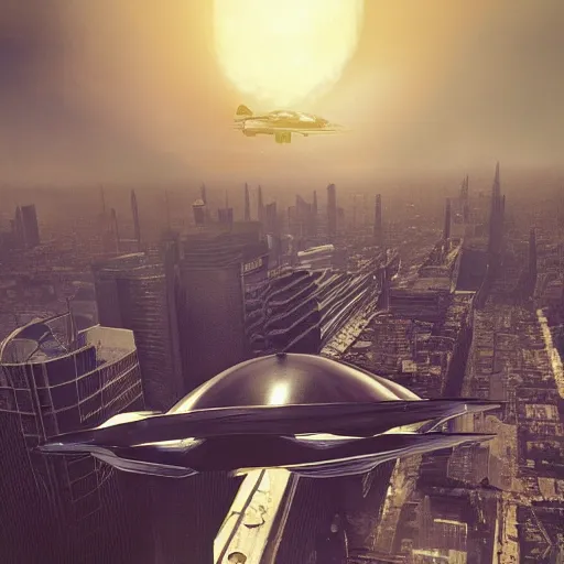 Image similar to a 1960s photograph of a giant spaceship flying over a city, dramatic lighting, cinematic, establishing shot, extremely high detail, foto realistic, cinematic lighting, post processed, concept art, high details, cinematic, 8k resolution, beautiful detailed, photorealistic, digital painting, artstation, concept art, smooth, sharp focus, artstation trending, octane render, unreal engine