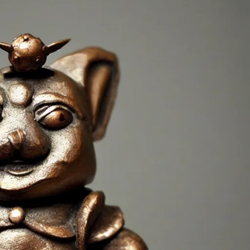 Prompt: photo of fragmented Bronze Babylonian sculpture of Teemo made of Bronze, Bronze!!