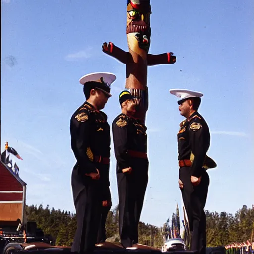 Prompt: us navy officers standing around a totem pole