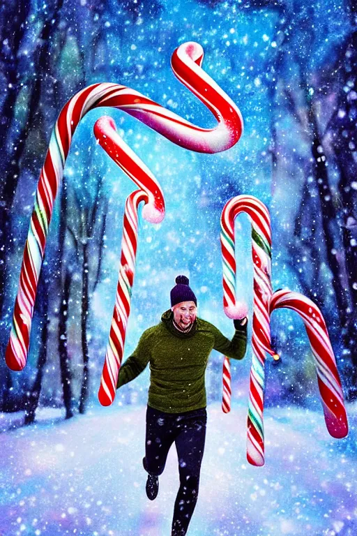 Prompt: a man running through a snowy christmas fantasy landscape, giant candy canes, colorful magic effects, olive skin, portrait, male, sharp focus, digital art, concept art, dynamic lighting, by emylie boivin and rossdraws