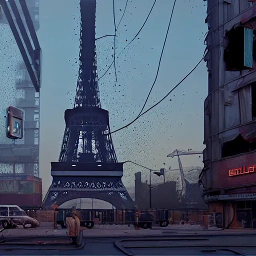 Image similar to A beautiful intricate 8K award-winning ground-level cinematic movie photograph of the future rusting remains of Eiffel Tower, surrounded by neon and collapsing corporate video billboard displays. in the year 2050, by Bruno Delbonnel and greg rutkowski. octane render, Arri Alexa 65. Cinematic lighting