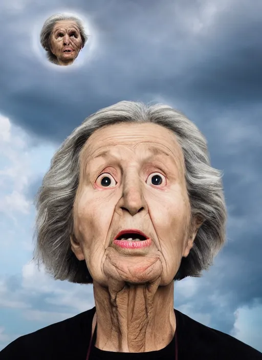 Prompt: a hyper realistic ultra realistic photograph of the 1000 foot tall terrified grandma, highly detailed, 8k photo