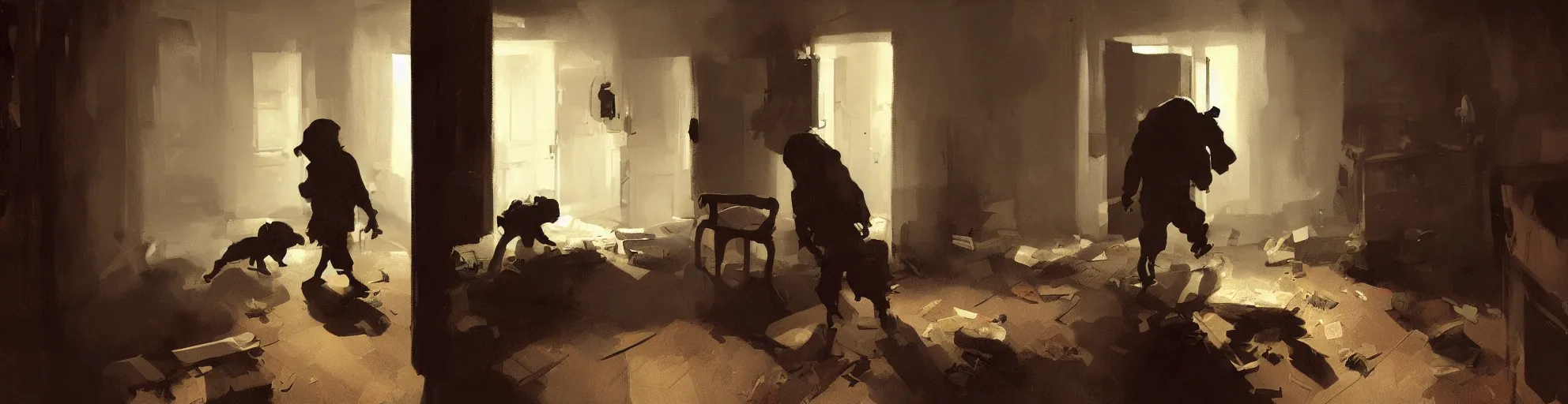 Image similar to a kid entering in a hoarder's room, dark atmosphere. by sergey kolesov and phil hale