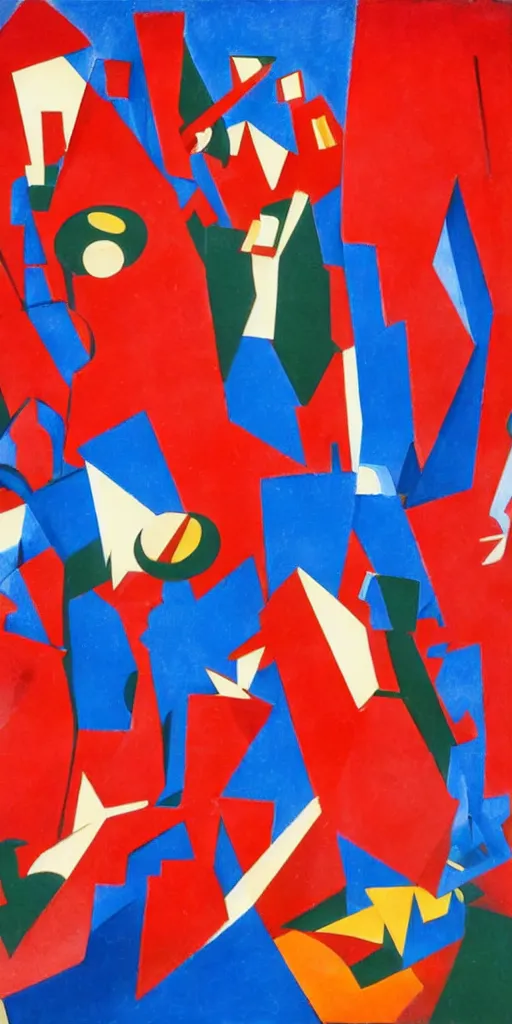 Image similar to A group of girls in red dresses were dancing beneath a cluster of collapsing tall buildings, and a strong light shone from the blue sky, Fortunato Depero painting style.