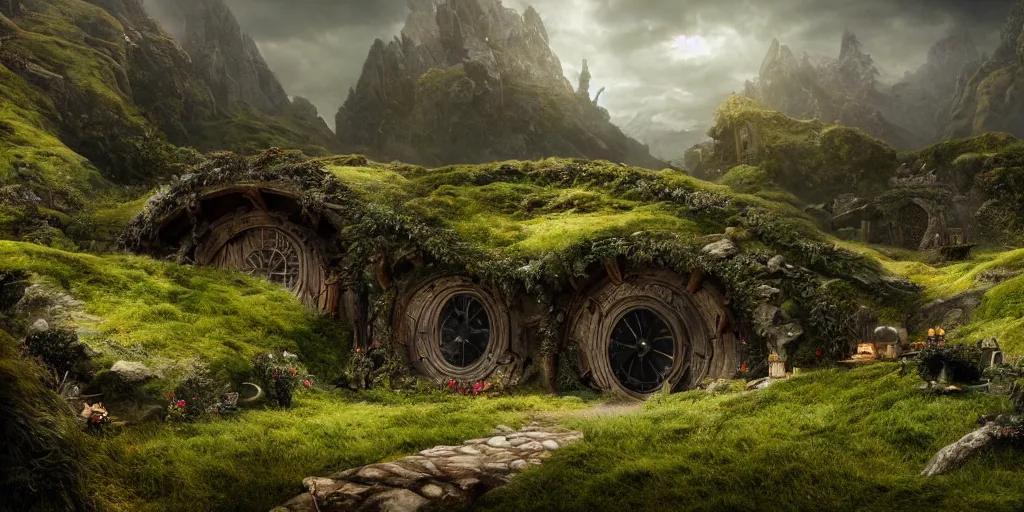 Image similar to beautiful matte painting of the hobbit shire by weta workshop 4 k, cinematic dramatic atmosphere, dramatic lighting