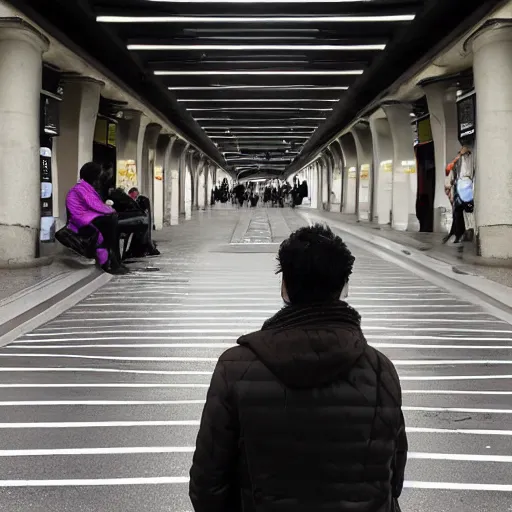 Prompt: A tiger waiting for the metro in a crowded station in Paris