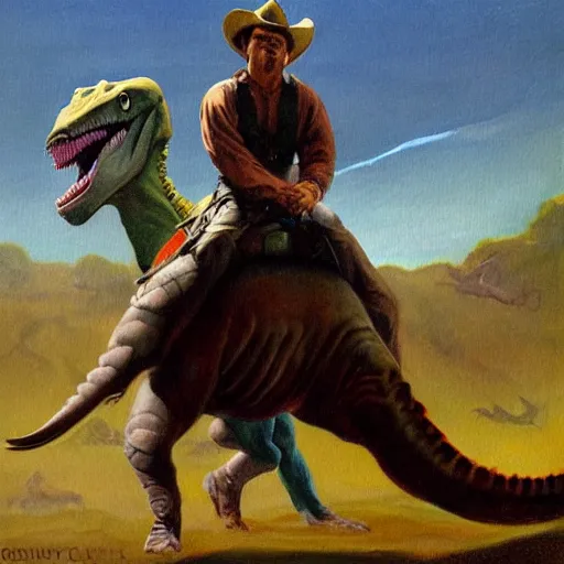 Image similar to a painting of a cowboy riding a dinosaur in the style of n. c. wyeth and in the style of james gurney.