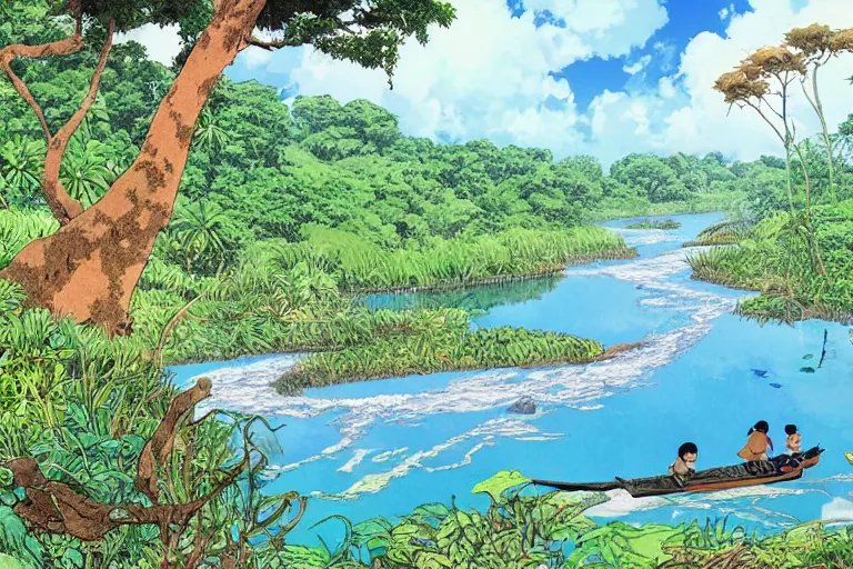 Image similar to sri lankan river and jungle, drawn by hayao miyazaki
