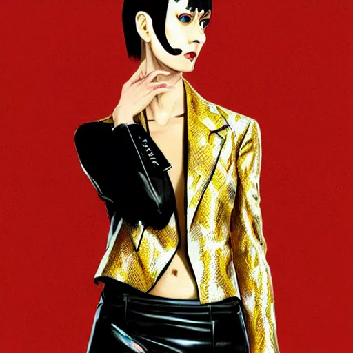 Image similar to Goro Majima as slim girl, gold suit jacket in snake print, black leather gloves, short black hair, black eye patch, elegant, 2d, ultra highly detailed, digital painting, smooth, sharp focus, artstation, art by Ilya Kuvshinov