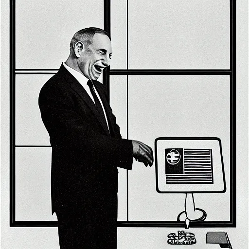 Prompt: benjamin netanyahu laughing at computer screen, in office, alone, black background, by norman rockwell