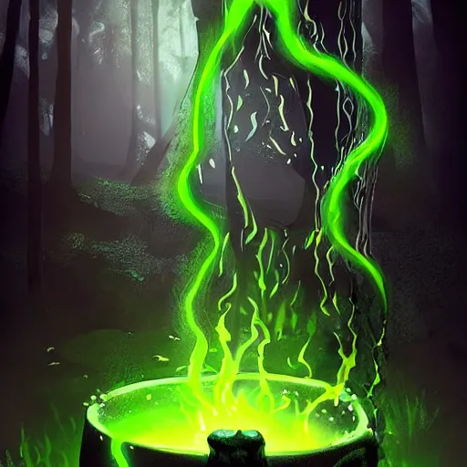 Prompt: a black cauldron filled with a magical green glowing liquid hanging above a campfire, night, fantasy, digital art, mysterious, realistic