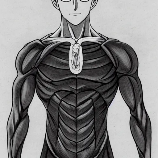 Prompt: anatomical drawing of saitama, medical illustration, in the style of one punch man anime, highly detailed