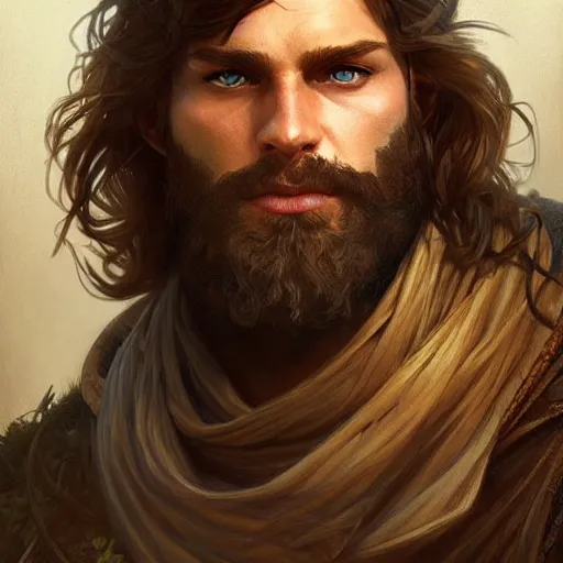 Image similar to Portrait of rugged male ranger, D&D, amber eyes, face, long hair, muscular, fantasy, intricate, elegant, highly detailed, digital painting, artstation, concept art, smooth, sharp focus, illustration, art by artgerm and greg rutkowski and alphonse mucha