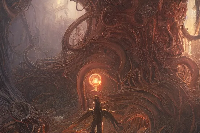 Prompt: a lovecraftian painting of a demonic portal, cosmic horror elements, ultra realistic, concept art, intricate details, eerie, highly detailed, photorealistic, octane render, 8 k, unreal engine. art by artgerm and greg rutkowski and alphonse mucha