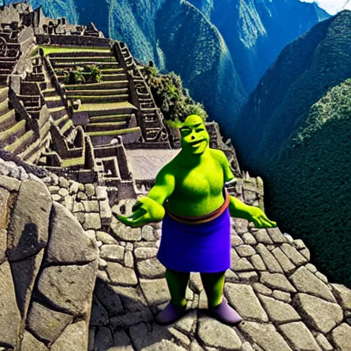 Prompt: Shrek at machu picchu