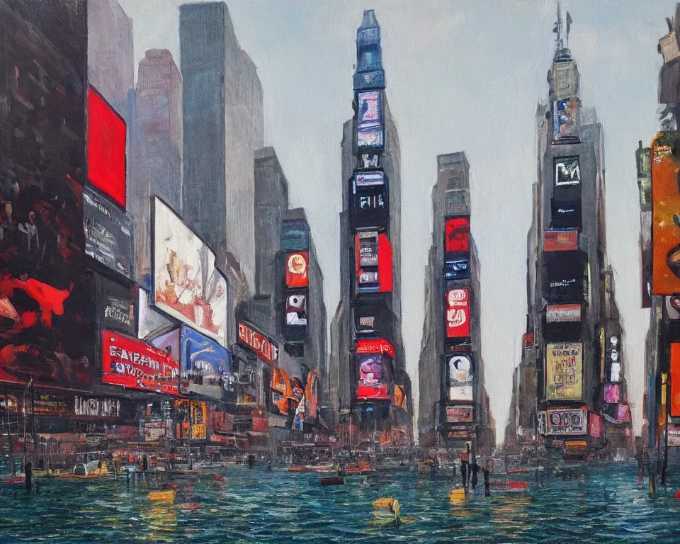 Image similar to an achingly beautiful oil painting of a partially submerged times square by Raphael and Hopper.