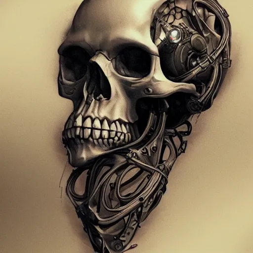 Image similar to Cybernetic skull tattoo design, by Cedric Peyravernay, highly detailed, excellent composition, cinematic concept art, dramatic lighting, trending on ArtStation