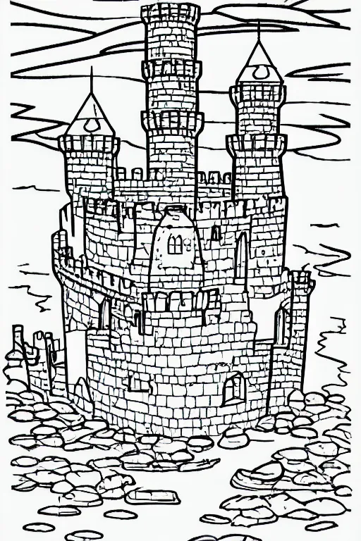 Image similar to an old castle on a seaside cliff coloring book, line art, simple, low detail