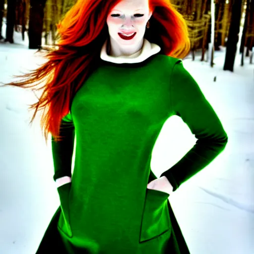 Prompt: redhead women in a green dress, with pockets, photorealistic, saturated colors, winter scenario