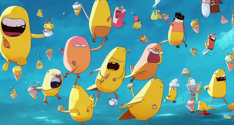 Prompt: cartoon banana birds swimming in ice cream in the style of adventure time, the amazing world of gumball, pixar, toki doki, greg rutkowski and makoto shinkai, trending on artstation