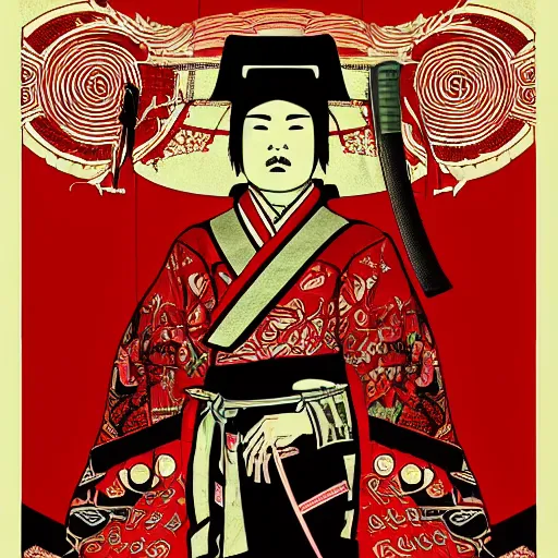 Image similar to an epic detailed political poster of a Japanese samurai in a temple, with Japanese text, high quality, intricate, detailed, 4k, by Shepard Fairey