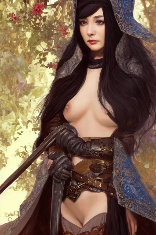 Prompt: eloquent young elf queen with long black hair, full body portrait, gorgeous, seductive, realistic, leather armor and cloak, leather gloves, digital art, path traced, highly detailed, high quality, lively, sakimi chan, alphonse mucha, leesha hannigan