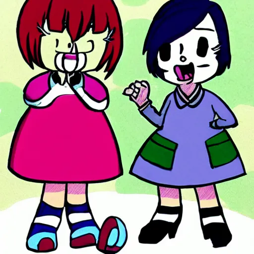 Image similar to kris from deltarune and lucy loud comparing hairstyles, bemused by each other, anime style