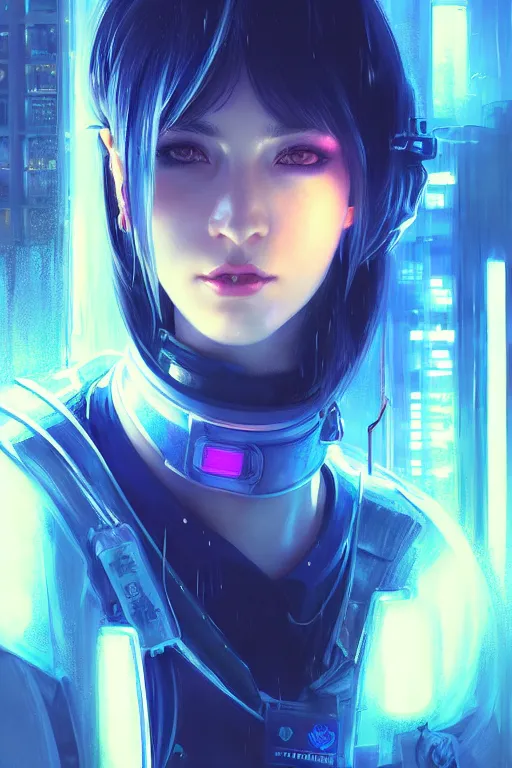 Image similar to portrait futuristic lovely cyberpunk female police, in heavy rainning futuristic tokyo rooftop cyberpunk night, ssci-fi, fantasy, intricate, very very beautiful, elegant, neon light, highly detailed, digital painting, artstation, concept art, soft light, hdri, smooth, sharp focus, illustration, art by tian zi and craig mullins and WLOP and alphonse mucha