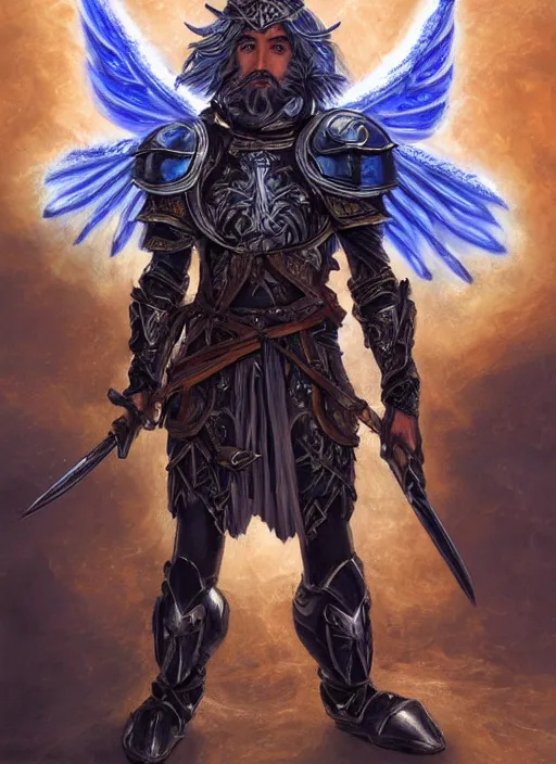 Prompt: A Human Male Paladin, detailed face, glowing white eyes, shaggy silver hair, scruffy brown beard, blue flames surrounding, medium armor, wings, fantasy, intricate, elegant, highly detailed, digital painting, artstation, concept art, smooth, sharp focus, illustration, art by Larry Elmore and Jeff Easley and Clyde Caldwell