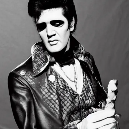 Prompt: Frankenstein's Monster as Elvis Presley. Elvis Presley as Frankenstein's Monster. Handsome monster. Beatnik monster. Rock 'n' Roll monster.