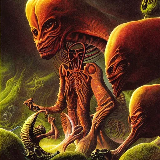 Image similar to alien creatures eating by a river, magical world, Artwork by Richard Corben + Mark Arian + Wayne Barlowe + Boris Vallejo + Julie Bell + Zdzisaw Beksinski + Ed Binkley + Mark Brooks + Jean Delvil