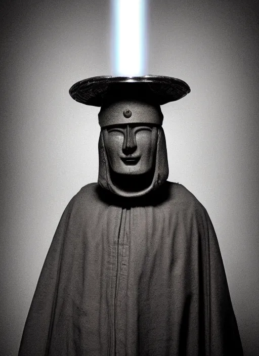 Image similar to realistic photo portrait of a a scientist ritual monk medieval clerical sculpture cone hat helmet made of wood, with plastic details detailed, covered in tesla electricity laser beam aura, sci - fi, greyscale 1 9 9 0, life magazine photo, natural colors,