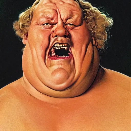 Prompt: dynamic upper body portrait of wrestler giant haystacks as baron harkonnen in 1982 movie dune, by norman rockwell and boris vallejo