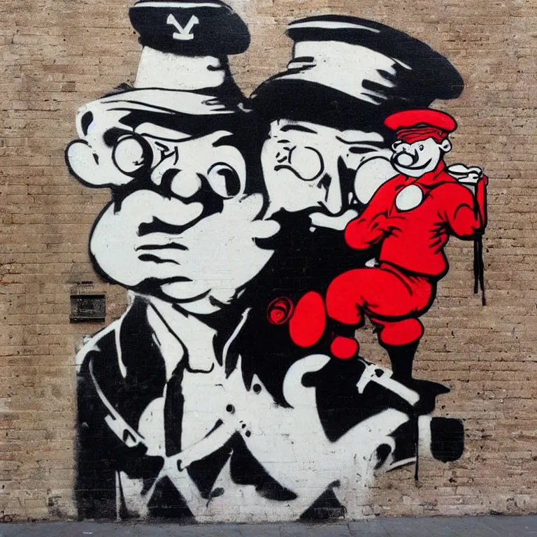 Image similar to Street-art portrait of Popeye the Sailor in style Banksy, photorealism