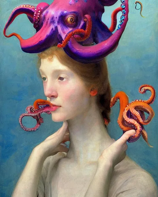 Image similar to a beautiful girl wearing a colourful octopus as a hat, painted by edgar maxence, edward hopper, wayne barlowe and james gilleard, airbrush, art by jamesjean