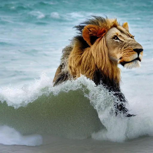 Image similar to a lion's face breaching through a wave, stormy weather