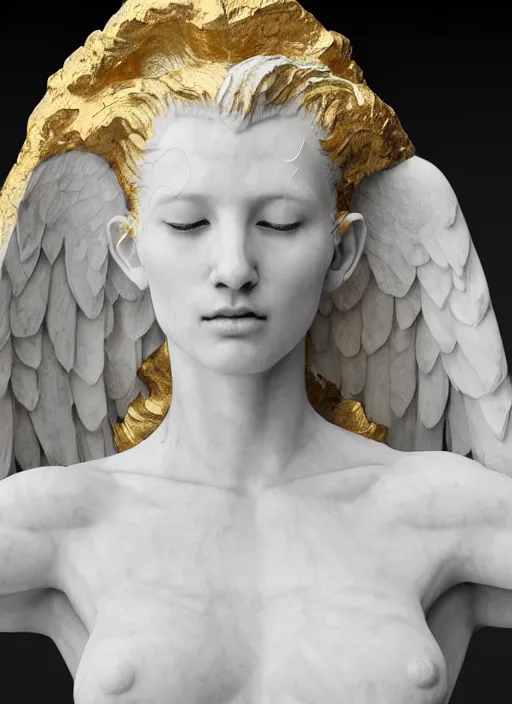 Image similar to a statue made of white marble with gold veins, of an beautiful gorgeous angel girl, full body shot, perfect symmetrical body, perfect symmetrical face, no eyes, hyper realistic, hyper detailed, fujicolor superia 1 6 0 0 photo, by johannen voss, by peter kemp, by monia merlo, by michelangelo octane render, blender, 8 k