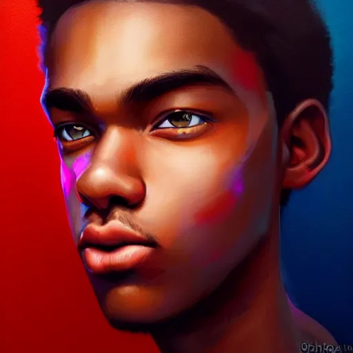 Image similar to colorful and festive captivating teenager with straight brown hair covering his eye, dark skin, big lips, big eyes, wearing a red t - shirt. rich vivid colors, ambient lighting, dynamic lighting, 4 k, atmospheric lighting, painted, intricate, highly detailed by charlie bowater