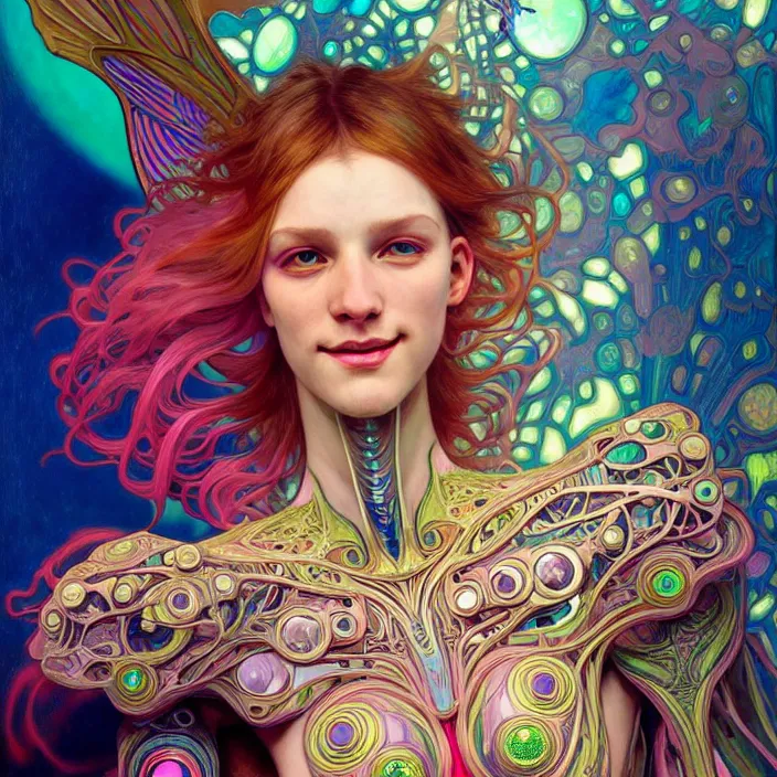 Prompt: bright psychedelic portrait of organic cyborg, wings, smiling, diffuse lighting, fantasy, intricate, elegant, highly detailed, lifelike, photorealistic, digital painting, artstation, illustration, concept art, smooth, sharp focus, art by John Collier and Albert Aublet and Krenz Cushart and Artem Demura and Alphonse Mucha