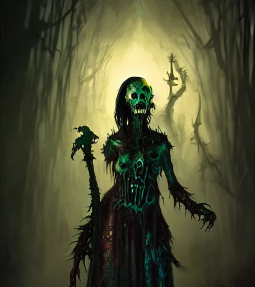 Image similar to gothic necrolord female with zombie servents, digital painting, liminal eerie midnight backlit, a picture taken by Michael Komarck and Daniel Ljunggren