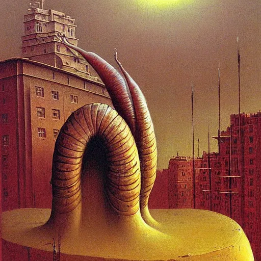 Image similar to a giant snail stands over a city painting by beksinski, behsinski colors. masterpiece painting