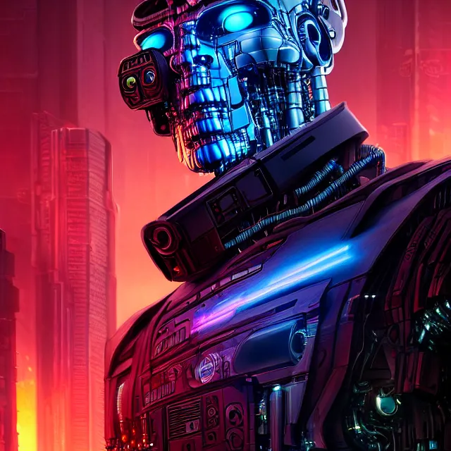 Prompt: Beautiful 3d render of the cyberpunk terminator illuminati robot, centered face, atmospheric lighting, painted, intricate, volumetric lighting, beautiful, rich deep colours masterpiece, sharp focus, ultra detailed, in the style of Dan Mumford and marc simonetti, with a crowded futuristic cyberpunk city in the background, astrophotgraphy