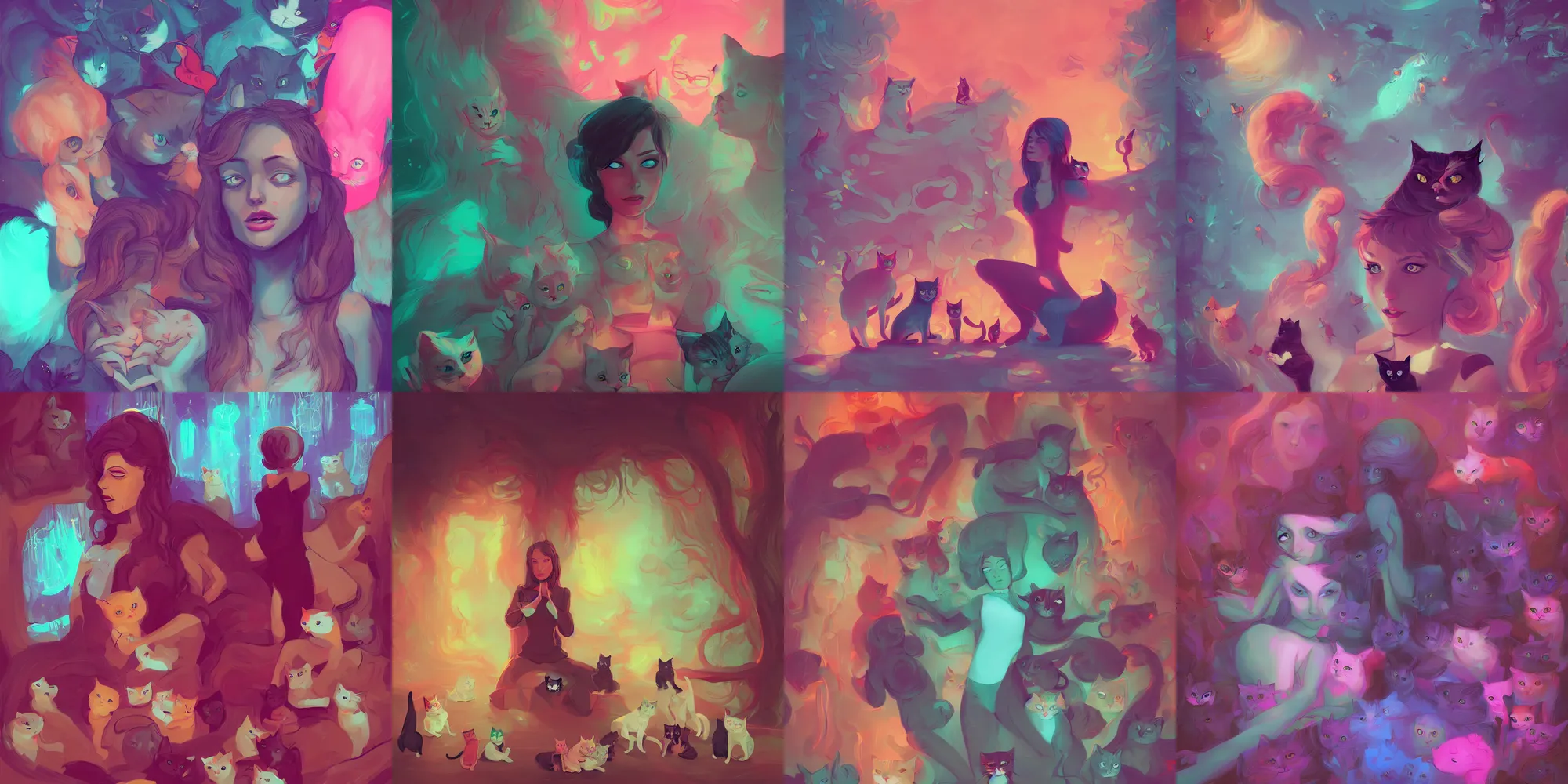 Prompt: a woman surrounded by cats, by Lois van Baarle, cg society, contest winner, psychedelic art, neon, digital illustration, deviantart hd