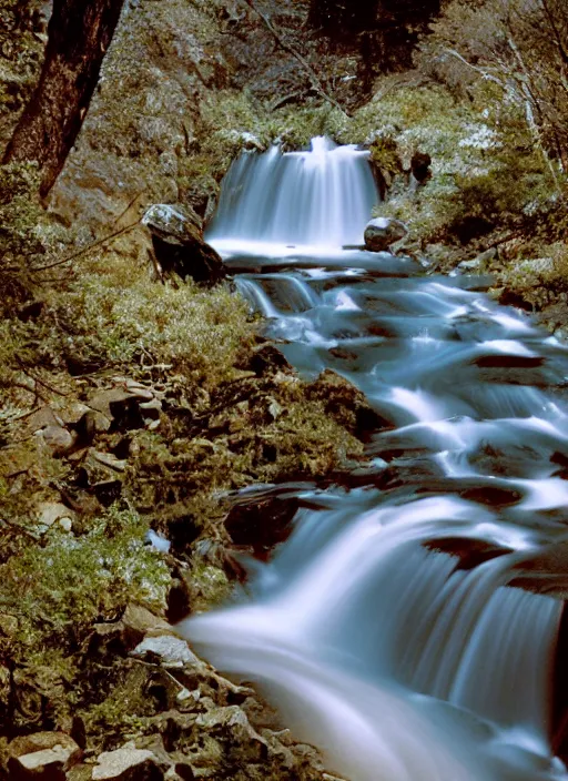 Image similar to a 2 8 mm macro kodachrome photo of a waterfall made of nebula aurora stardust flowing into the river in the valley in yosemite national park in the 1 9 5 0's, seen from a distance, bokeh, canon 5 0 mm, cinematic lighting, film, photography, moonlight, long exposure, depth of field, award - winning