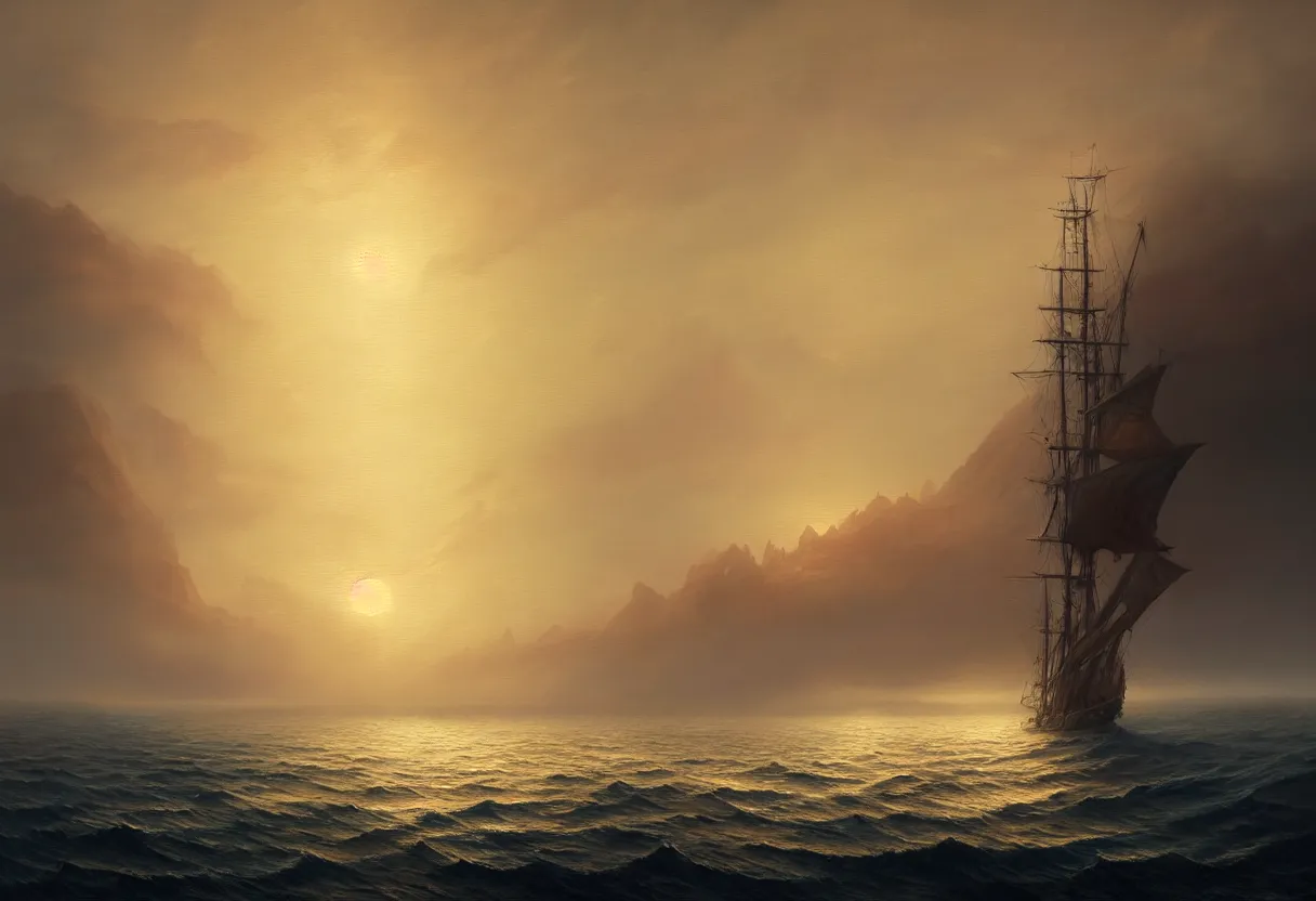 Image similar to strange sea surface of autumn planet at sunset, sailing ship on horizon, ultra high definition, ultra detailed, symmetry, fog, matte painting, by greg rutkowski and ross tran and wlop