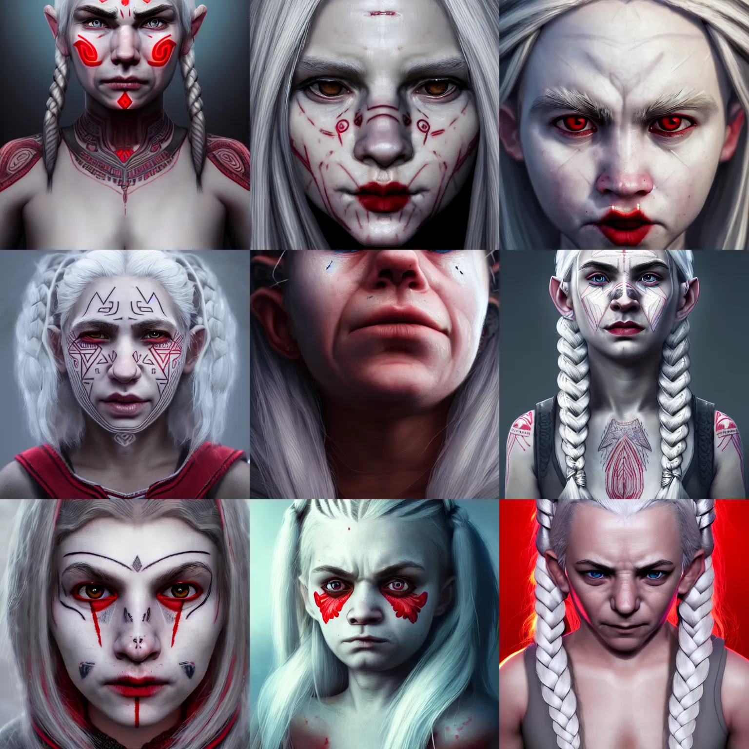 Prompt: realistic portrait of halfling with white hair, strange geometric facial tattoos, grey robe, pale - white skin, red iris, long braided hair, haunted expression, artstation, cinematic lighting, hyper - detailed 8 k