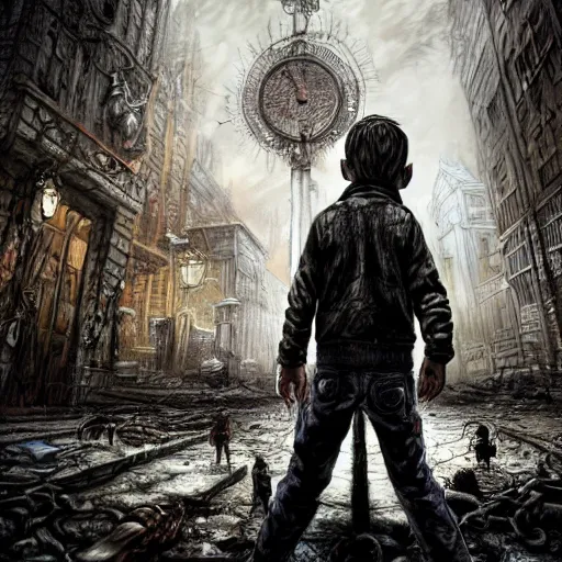 Image similar to a boy in apocalyptic zombie city, lovecraftian horror!, surrealism, fantasy, intricate, elegant, highly detailed, digital painting, realistic shading, cinematic composition, hdr, photorealistic, 3 5 mm film, concept art, artstation, matte, sharp focus, illustration, art by keith thompson and christopher lane